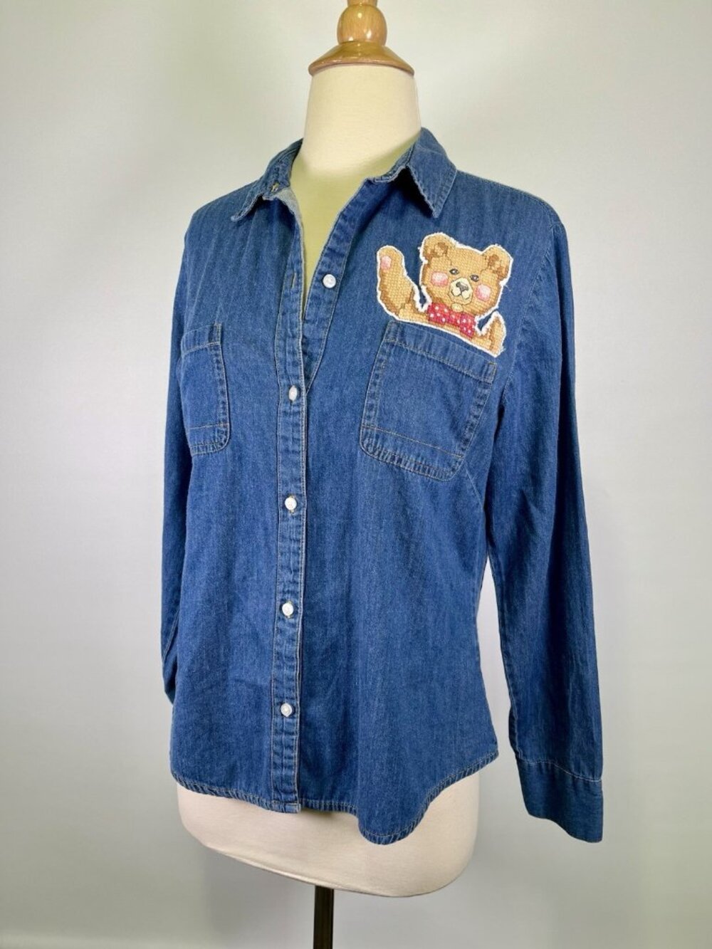 Vintage 90s Riders by Lee Teddy Bear Denim Grandma Kitsch Shirt Medium Cottage